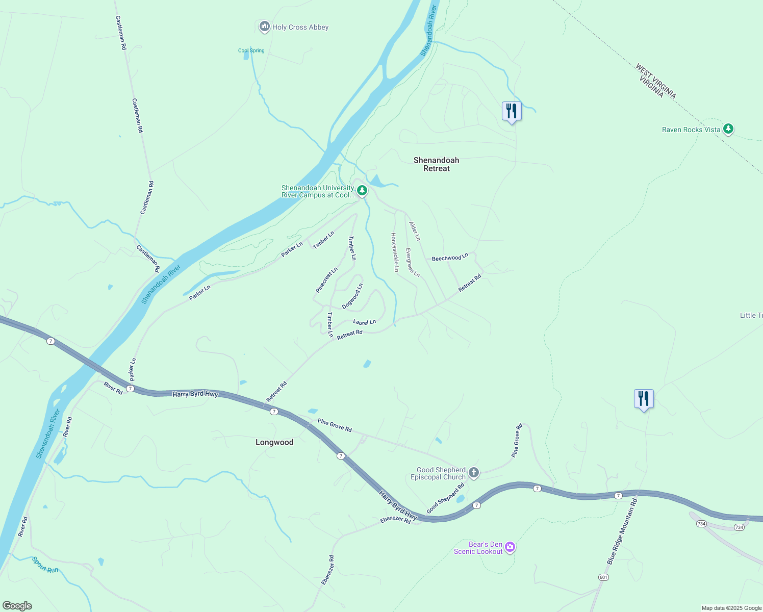 map of restaurants, bars, coffee shops, grocery stores, and more near 2422 Parshall Road in Berryville