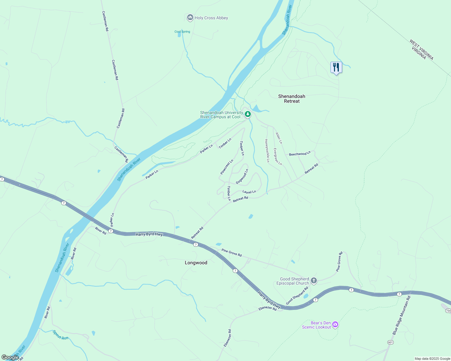 map of restaurants, bars, coffee shops, grocery stores, and more near 2095 Locke's Mill Road in Berryville
