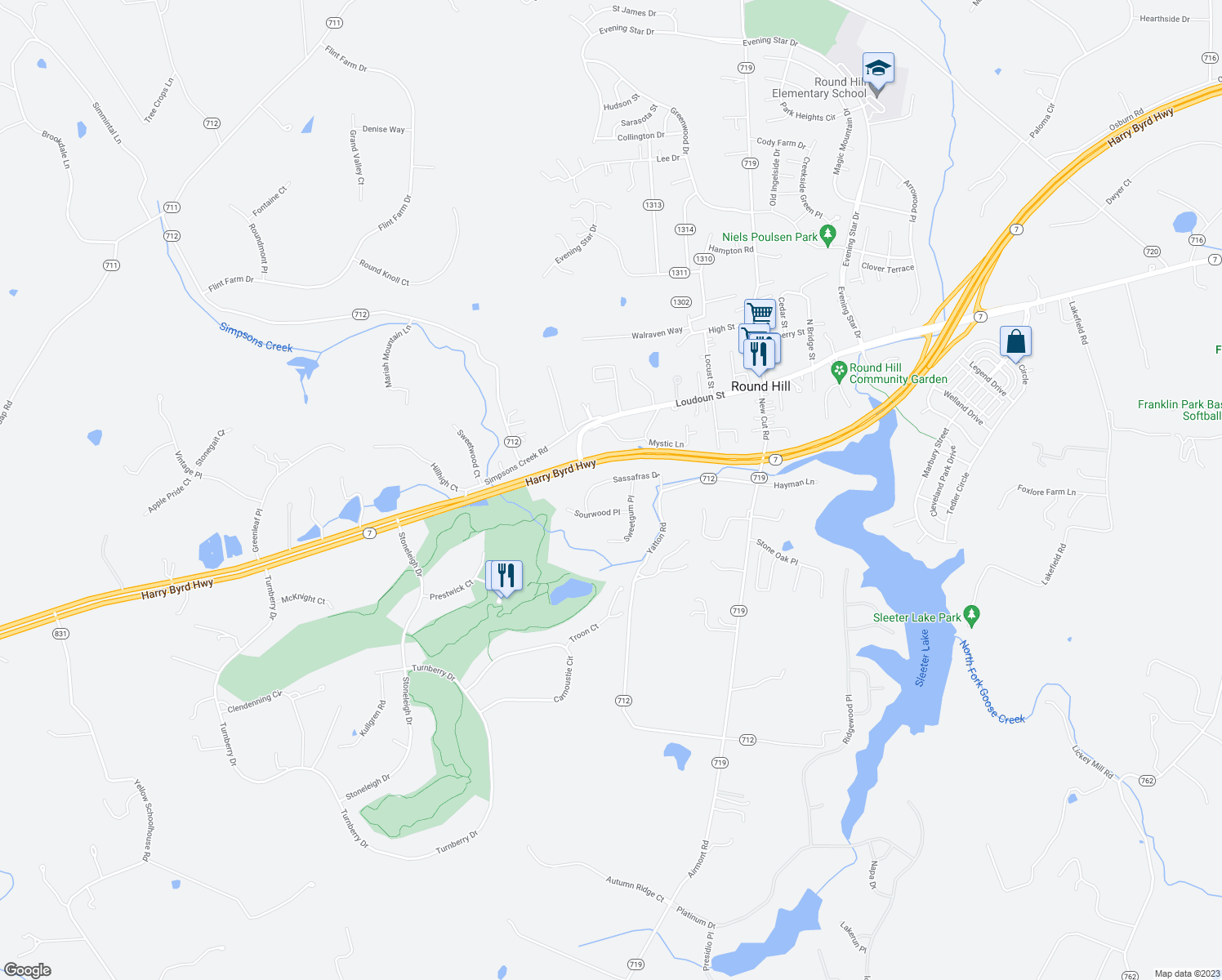 map of restaurants, bars, coffee shops, grocery stores, and more near 35521 Sassafras Drive in Round Hill