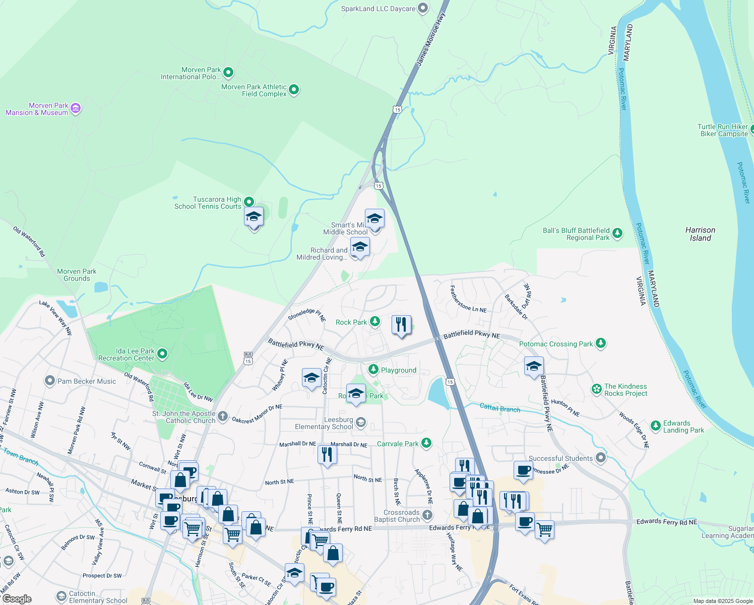 map of restaurants, bars, coffee shops, grocery stores, and more near 709 Foxtail Circle Northeast in Leesburg