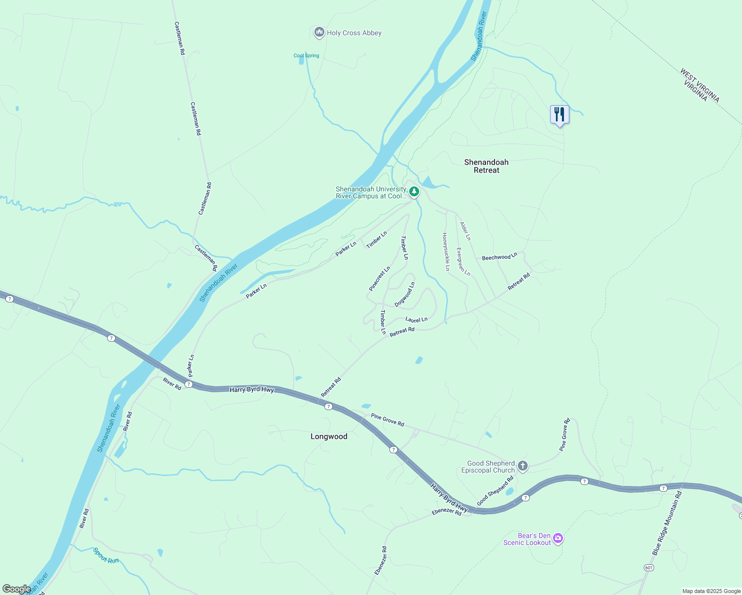 map of restaurants, bars, coffee shops, grocery stores, and more near 1609 Springsbury Road in Berryville