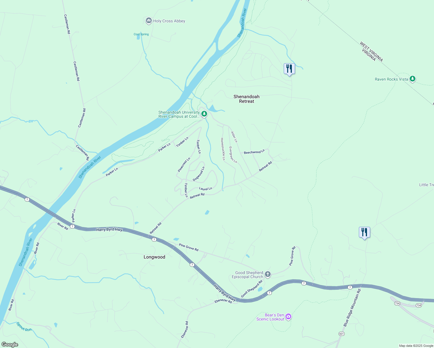 map of restaurants, bars, coffee shops, grocery stores, and more near 2221 Springsbury Road in Berryville