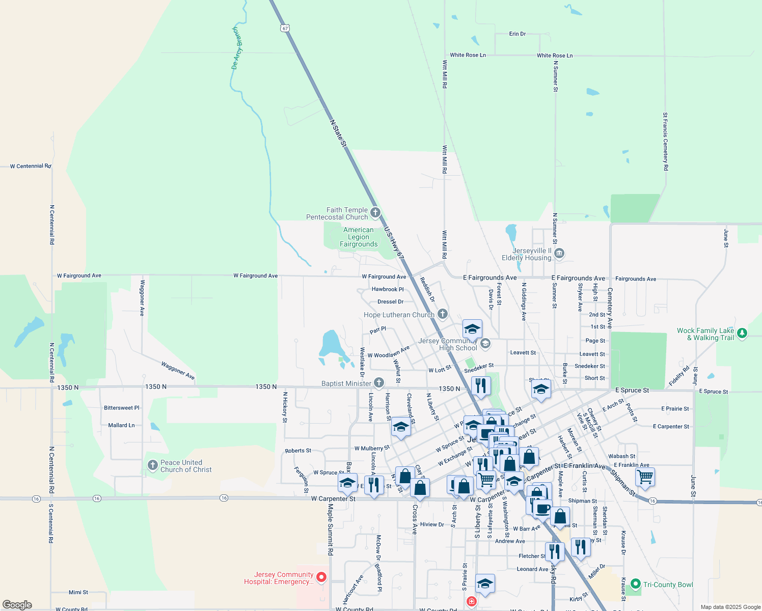 map of restaurants, bars, coffee shops, grocery stores, and more near 118 Dressel Dr in Jerseyville