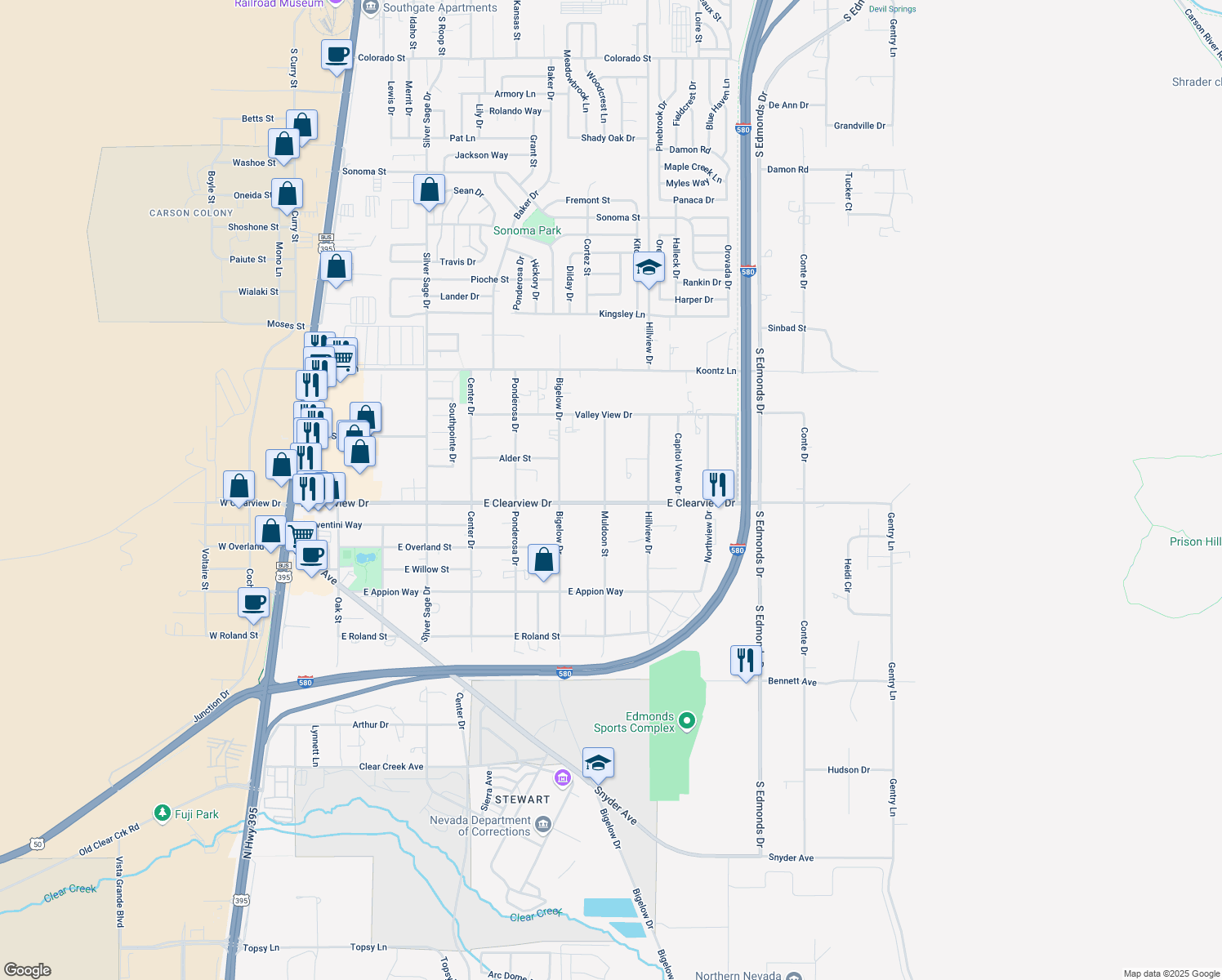 map of restaurants, bars, coffee shops, grocery stores, and more near 1300 East Clearview Drive in Carson City