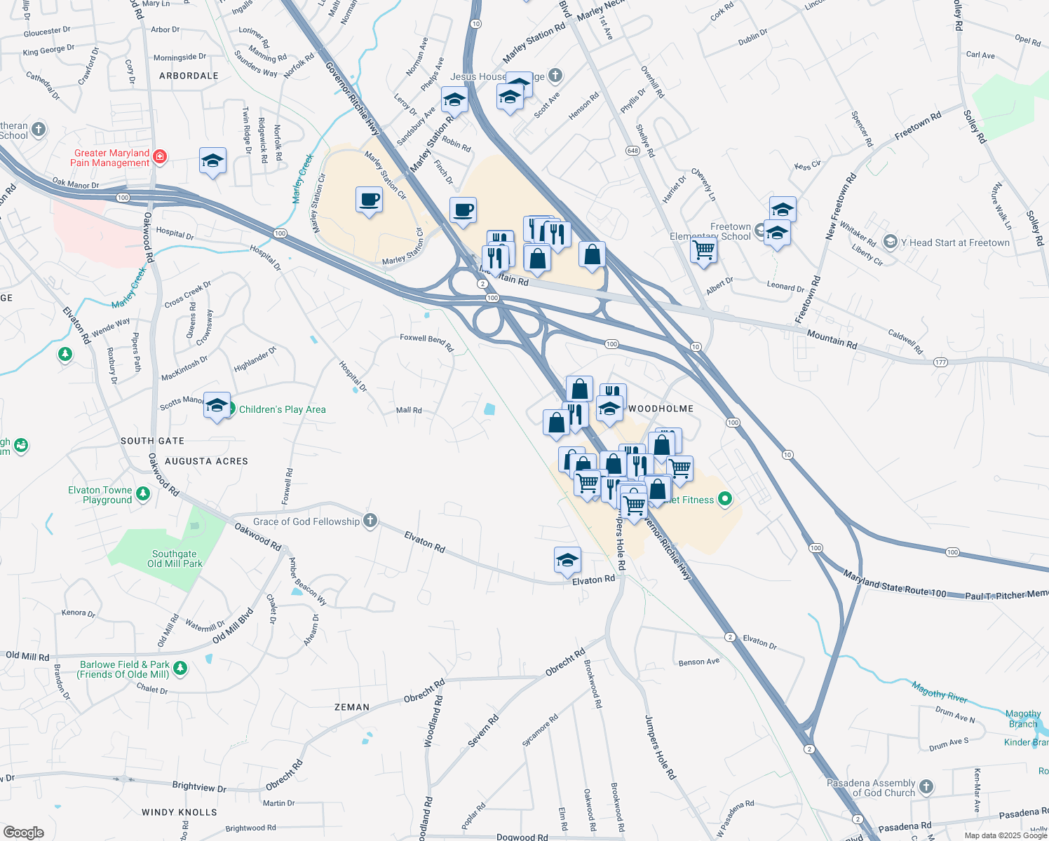 map of restaurants, bars, coffee shops, grocery stores, and more near 18 Kellington Dr in Pasadena