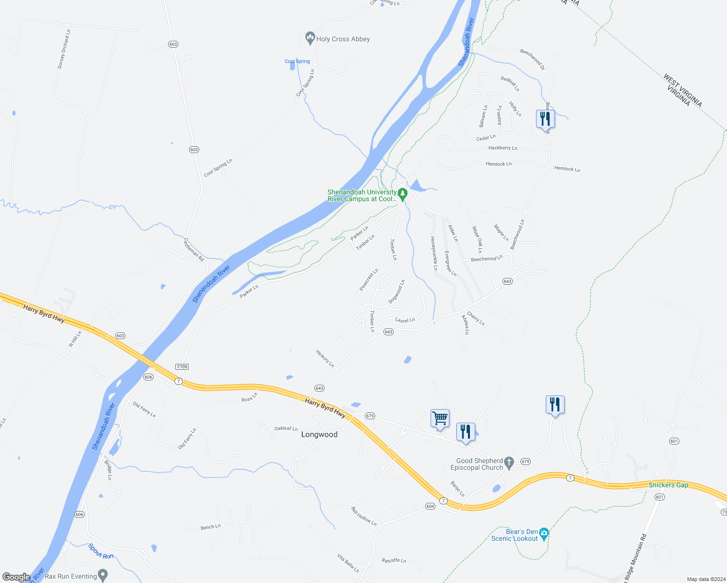 map of restaurants, bars, coffee shops, grocery stores, and more near 132 Pinecrest Lane in Bluemont