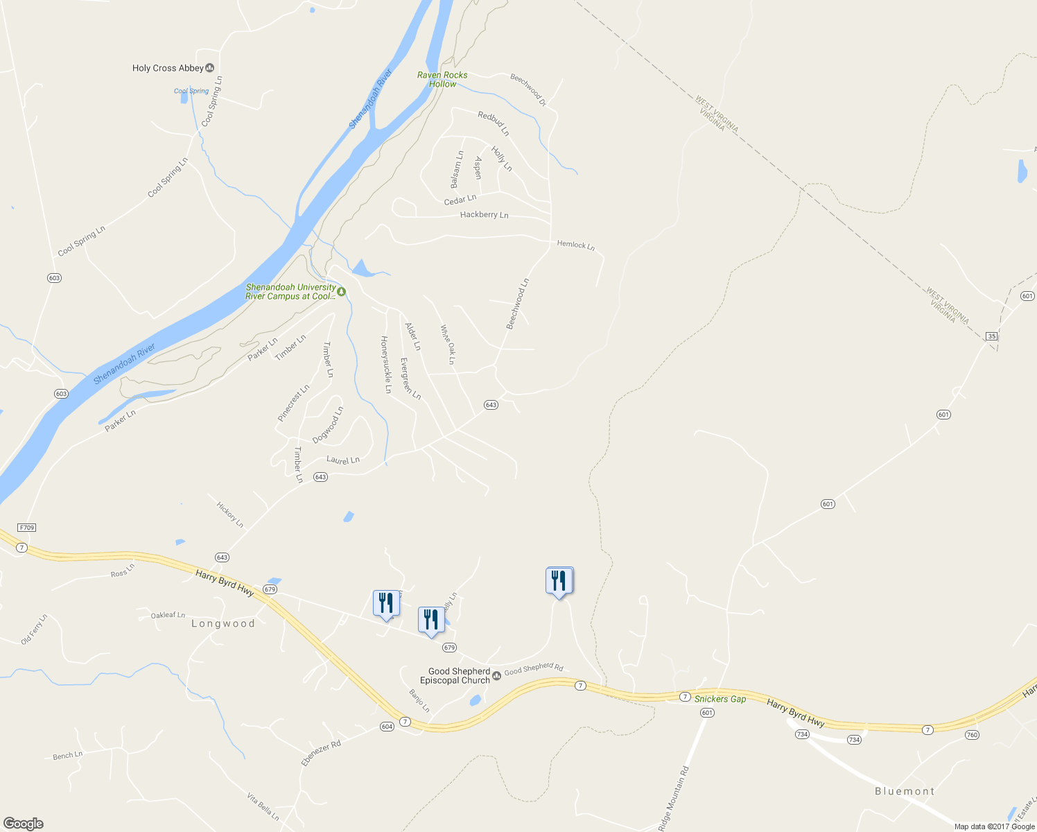 map of restaurants, bars, coffee shops, grocery stores, and more near 1170 Retreat Road in Bluemont