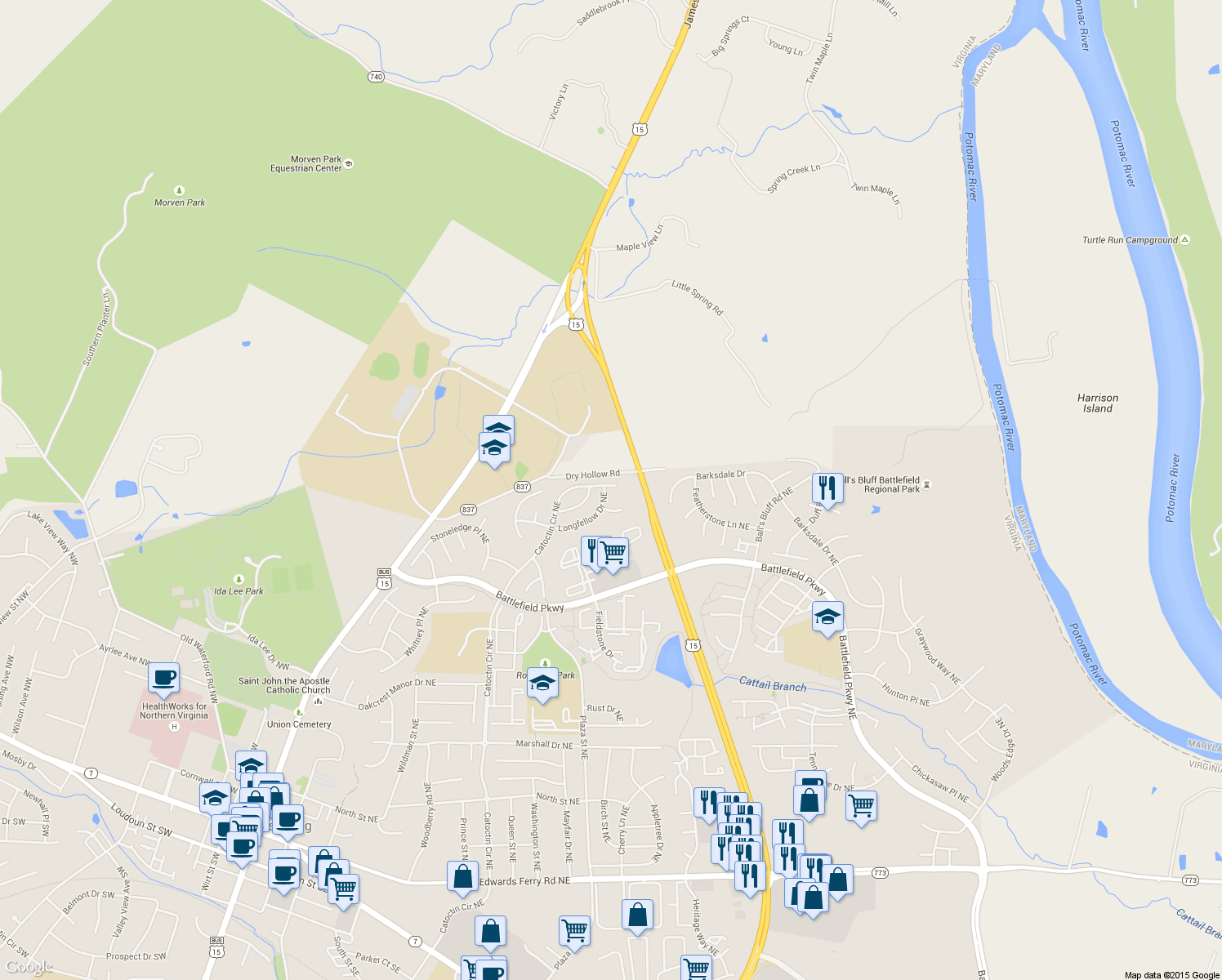 map of restaurants, bars, coffee shops, grocery stores, and more near 912 Catoctin Circle Northeast in Leesburg