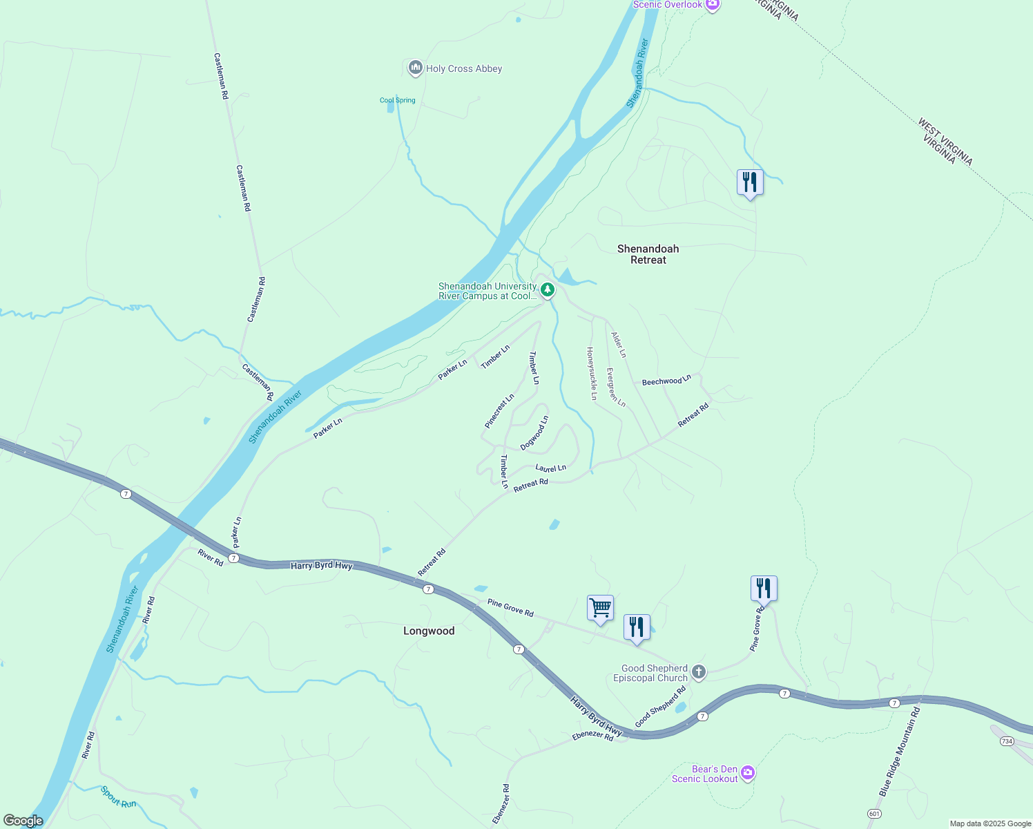 map of restaurants, bars, coffee shops, grocery stores, and more near 2387 Bishop Meade Road in Boyce