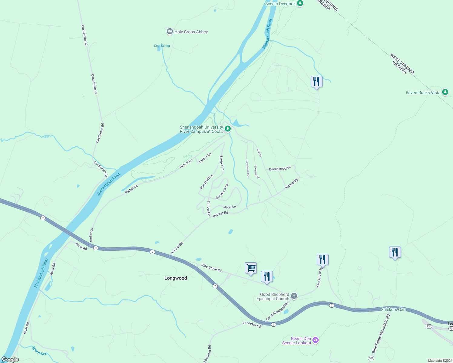map of restaurants, bars, coffee shops, grocery stores, and more near 1801 Old Chapel Road in Boyce