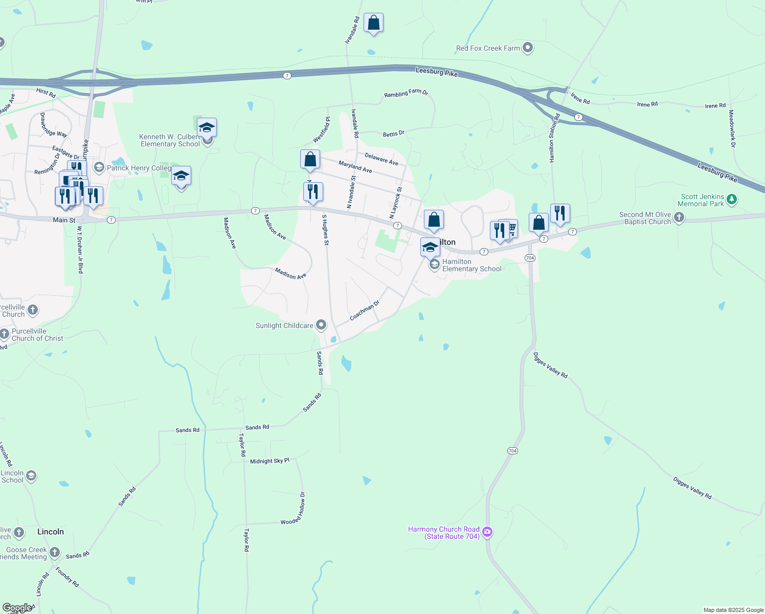 map of restaurants, bars, coffee shops, grocery stores, and more near 17582 Coachman Drive in Hamilton
