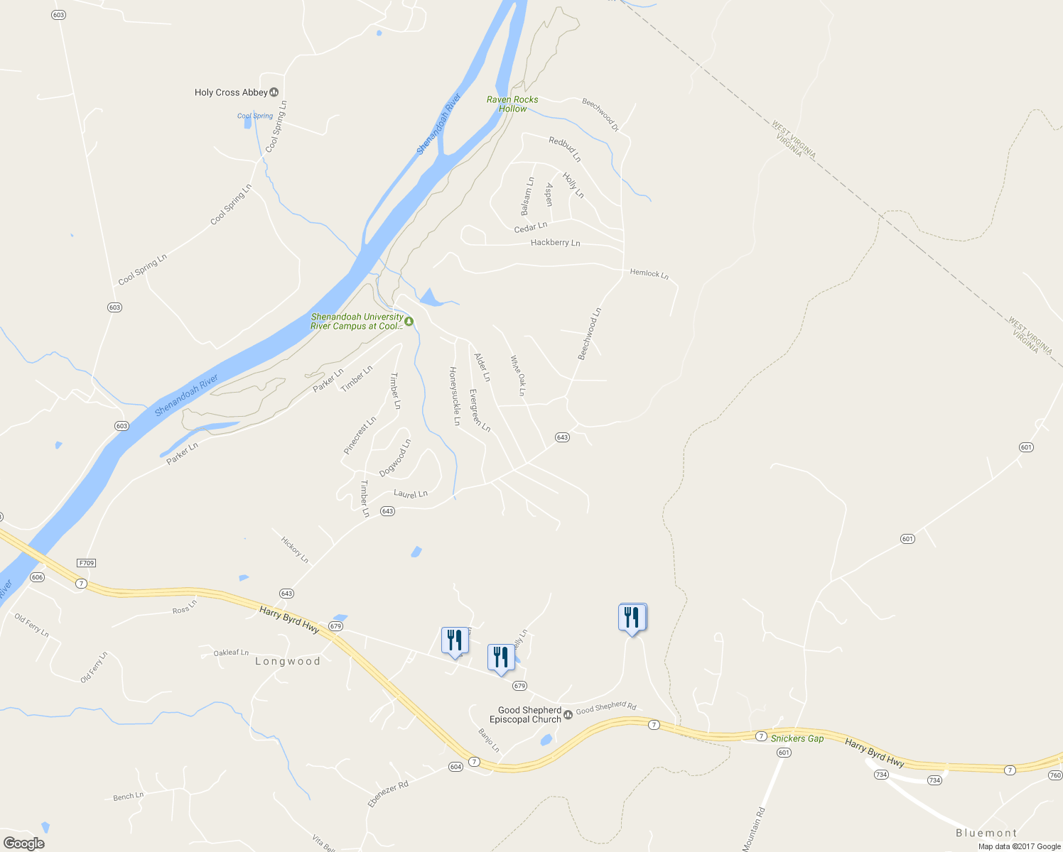 map of restaurants, bars, coffee shops, grocery stores, and more near 85 White Oak Lane in Bluemont
