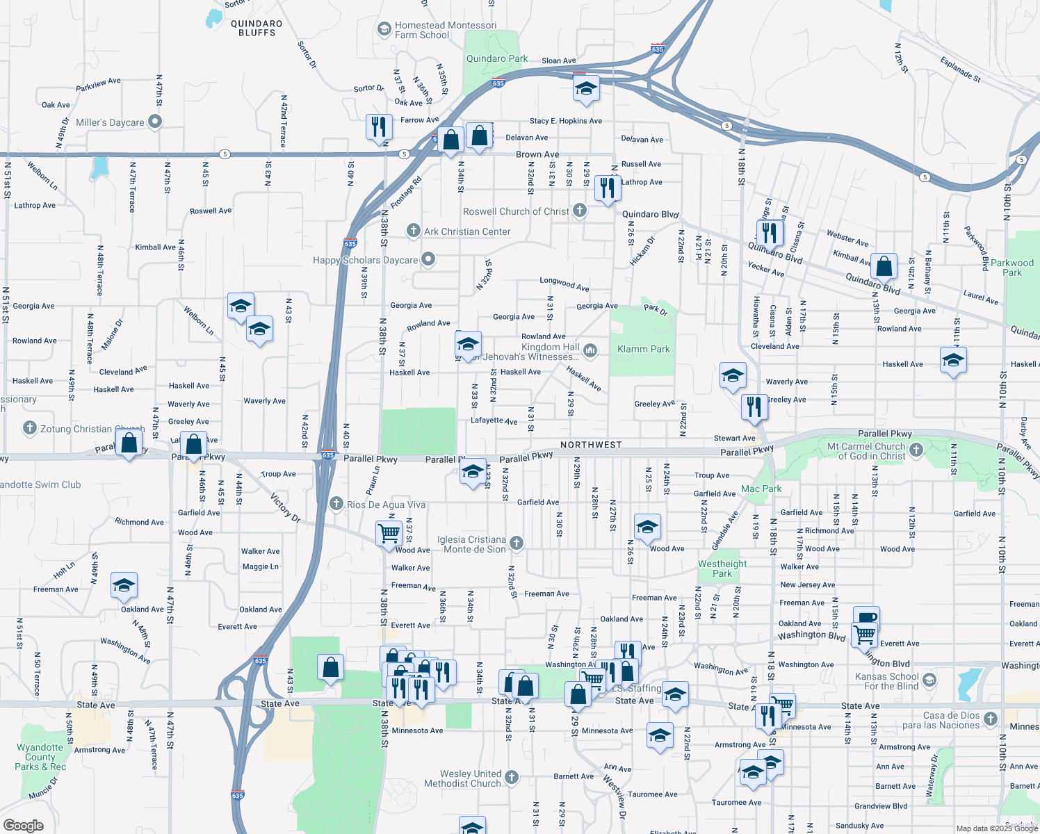 map of restaurants, bars, coffee shops, grocery stores, and more near 3112 Lafayette Ave in Kansas City