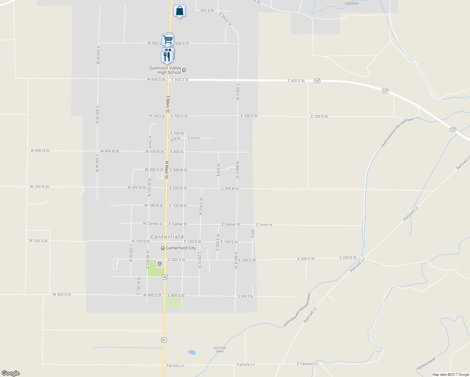 map of restaurants, bars, coffee shops, grocery stores, and more near 350 East 200 North Street in Centerfield