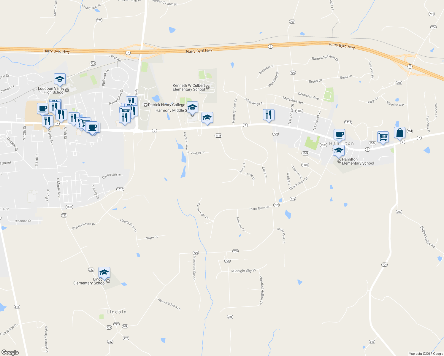 map of restaurants, bars, coffee shops, grocery stores, and more near 17615 Bates Drive in Hamilton