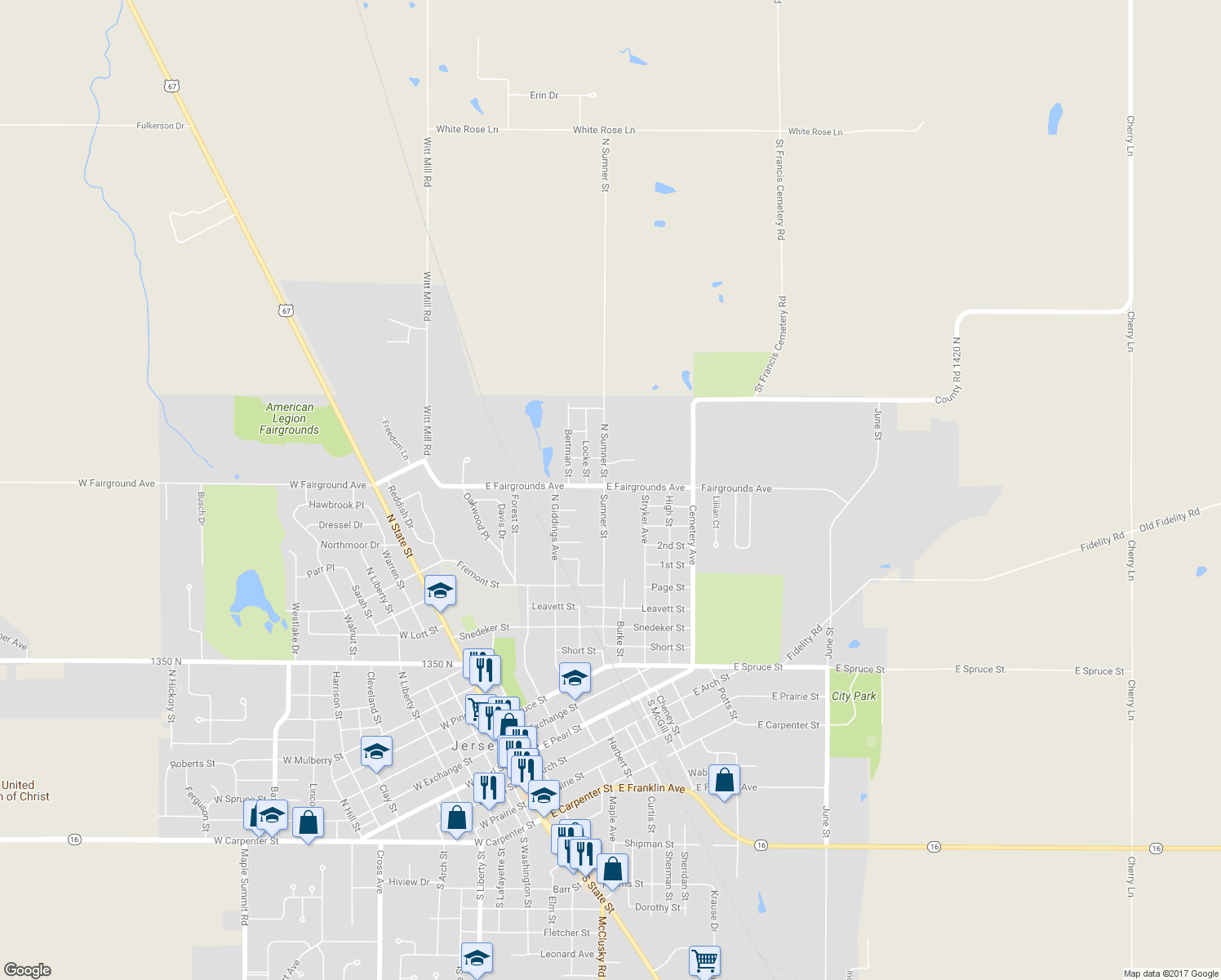 map of restaurants, bars, coffee shops, grocery stores, and more near 1119 Sumner Street in Jerseyville