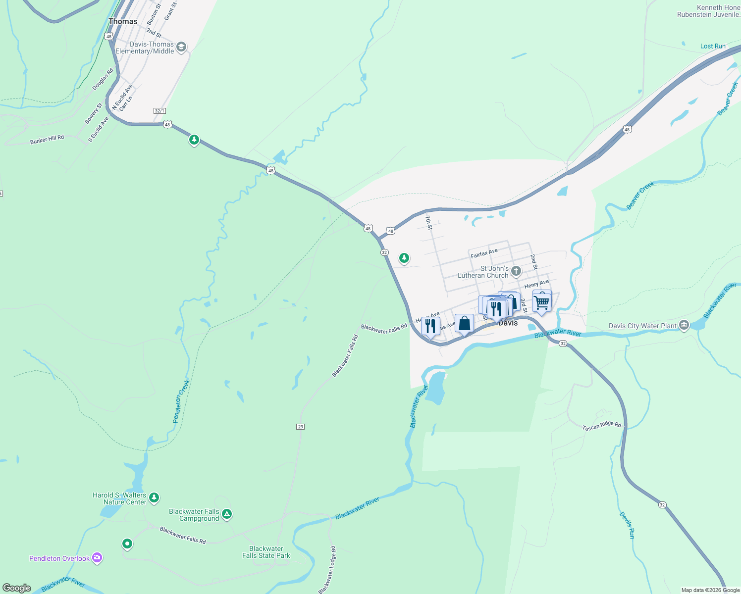 map of restaurants, bars, coffee shops, grocery stores, and more near Pendleton Run Road in Davis