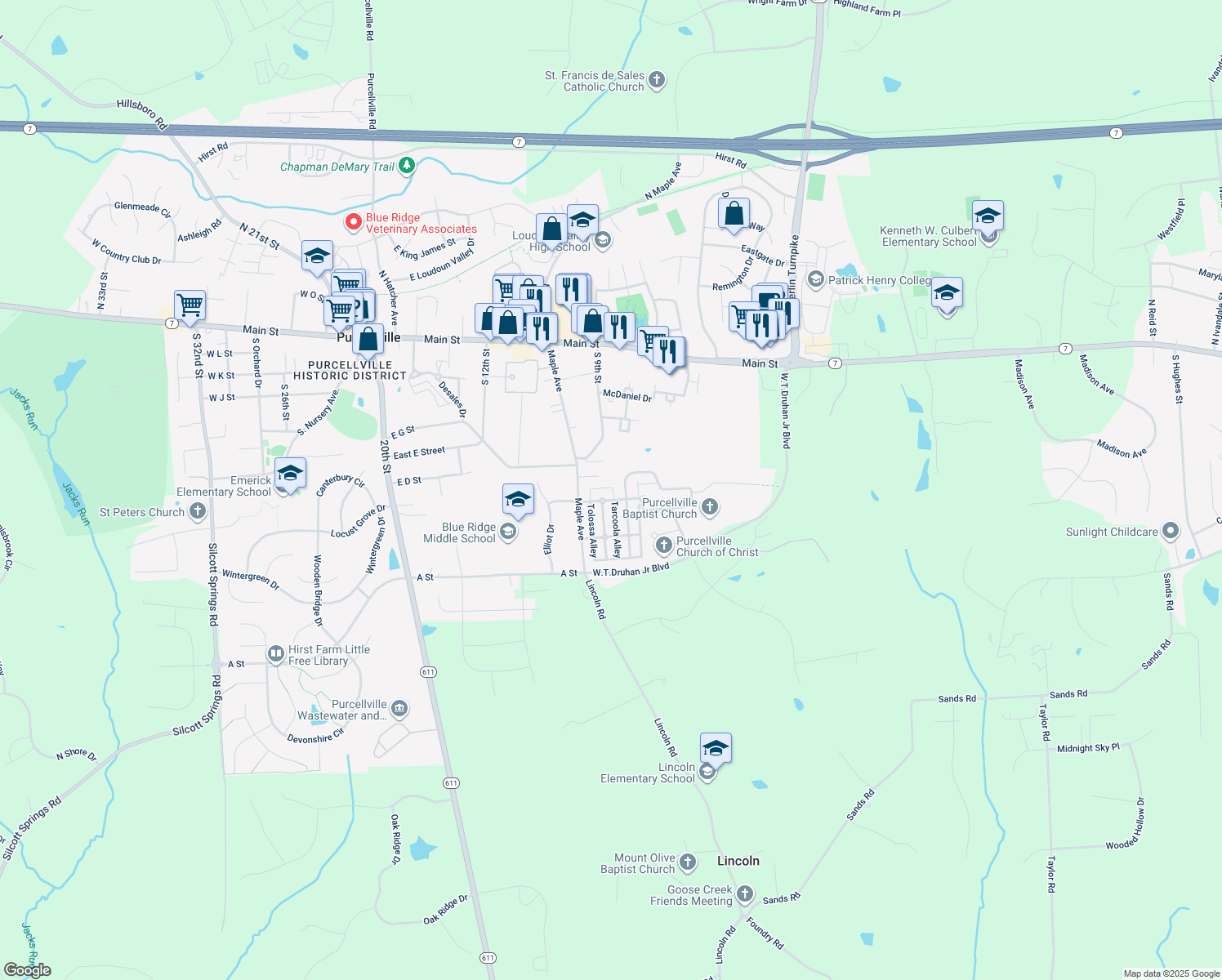 map of restaurants, bars, coffee shops, grocery stores, and more near 711 Pipers Brook Dr in Purcellville