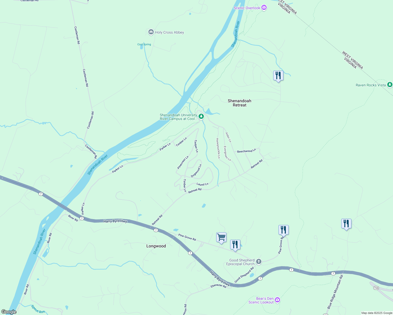 map of restaurants, bars, coffee shops, grocery stores, and more near 360 Timber Lane in Bluemont