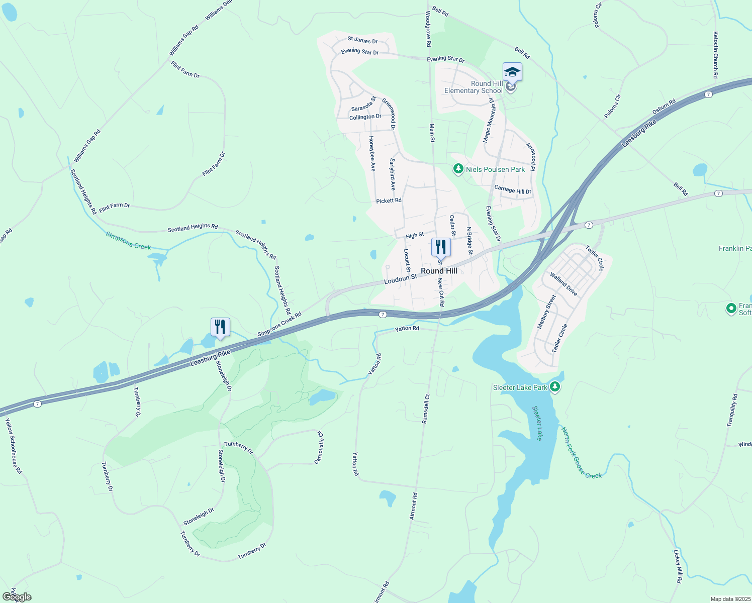map of restaurants, bars, coffee shops, grocery stores, and more near 7 Mystic Lane in Round Hill