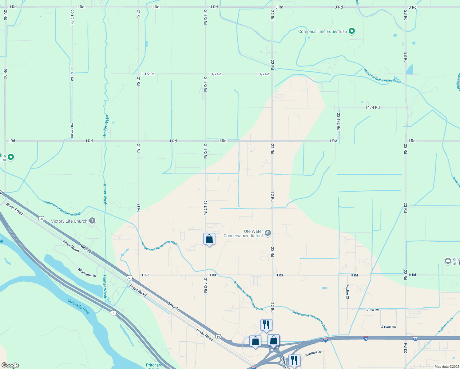 map of restaurants, bars, coffee shops, grocery stores, and more near 880 21 1/2 Road in Grand Junction