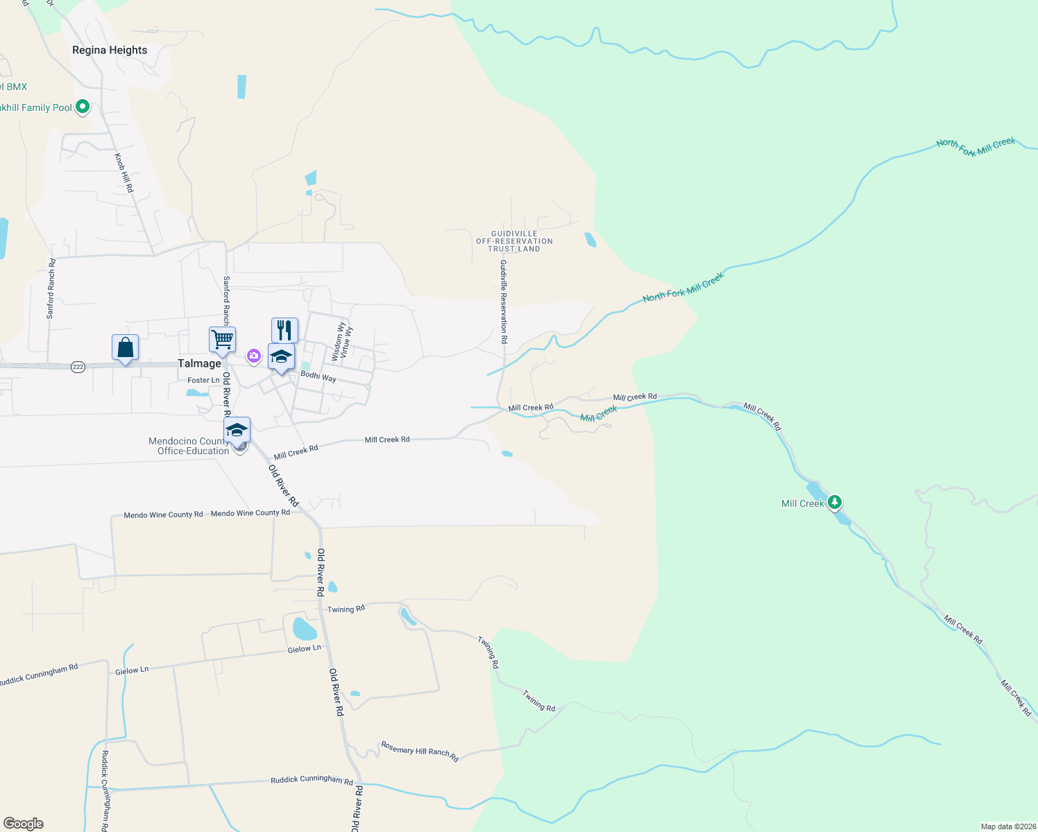 map of restaurants, bars, coffee shops, grocery stores, and more near 2901 Mill Creek Road in Ukiah