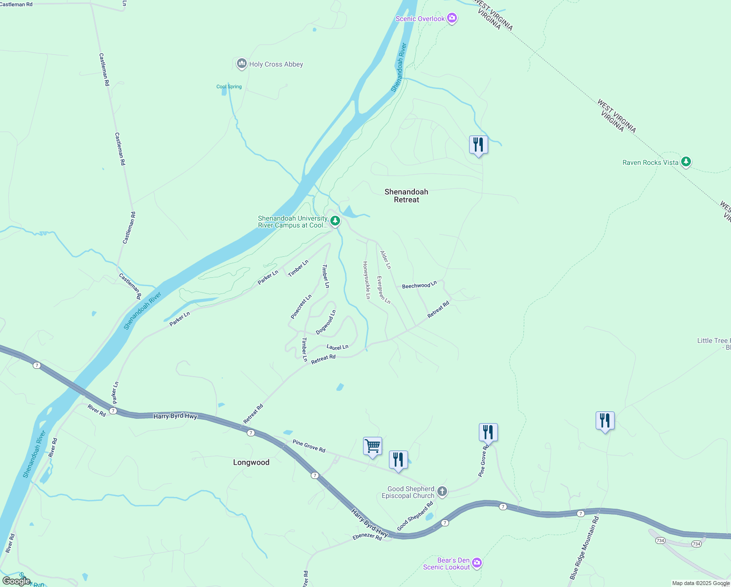 map of restaurants, bars, coffee shops, grocery stores, and more near 19 Virginia Avenue in Boyce
