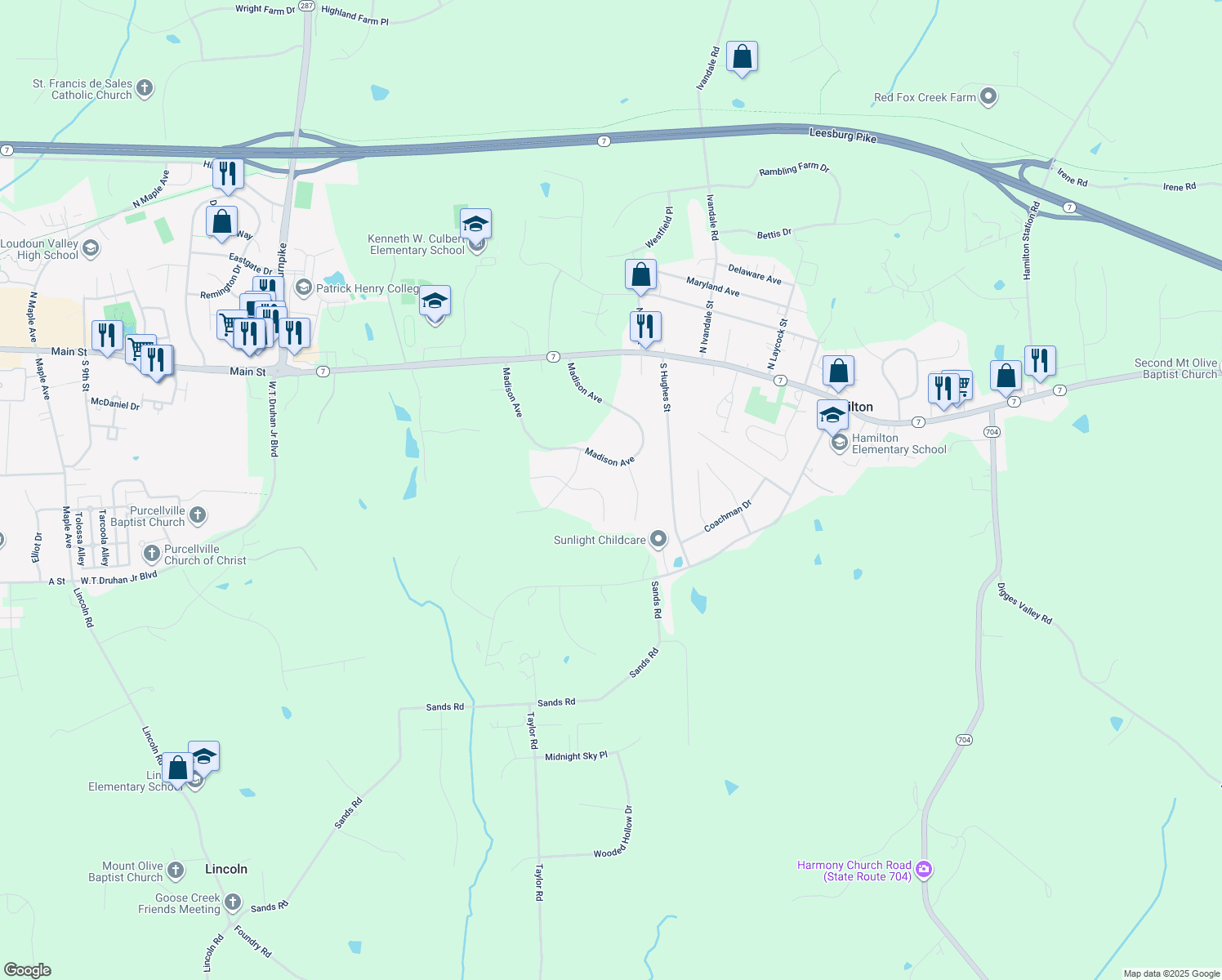map of restaurants, bars, coffee shops, grocery stores, and more near 38364 Downs Court in Hamilton