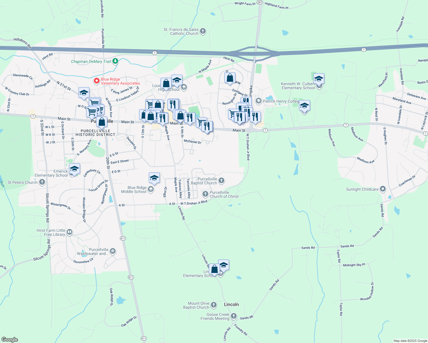 map of restaurants, bars, coffee shops, grocery stores, and more near 843 Kinvarra Place in Purcellville