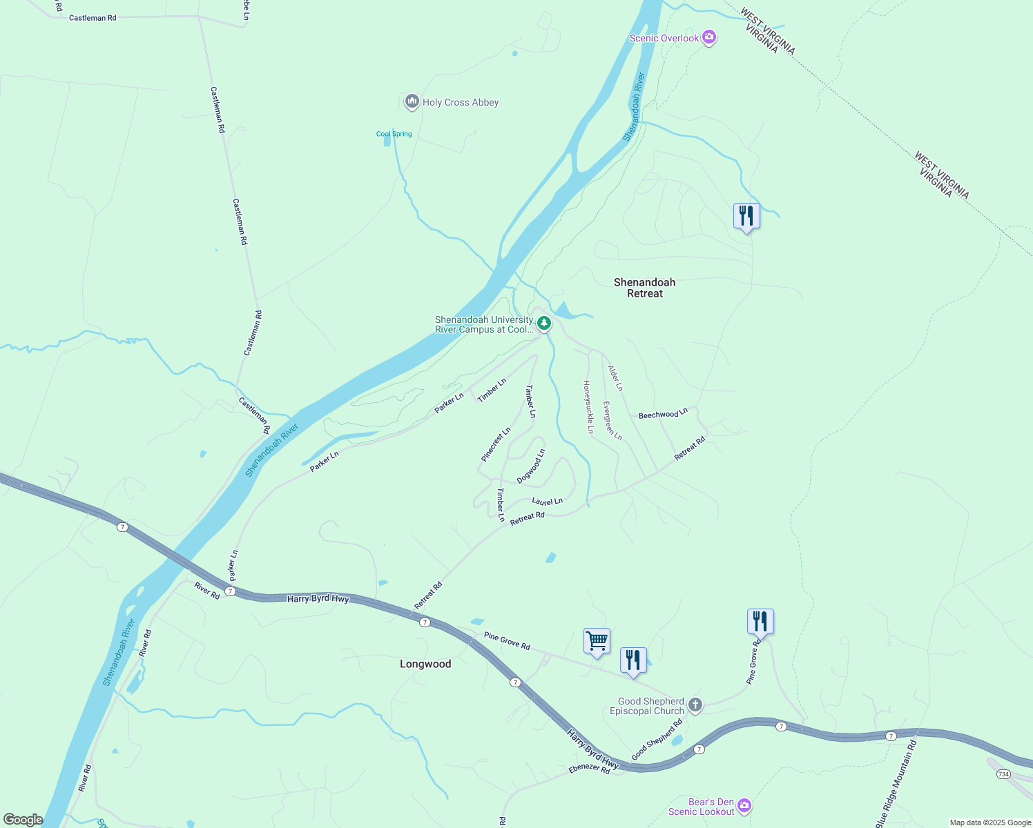 map of restaurants, bars, coffee shops, grocery stores, and more near 17 South Greenway Avenue in Boyce