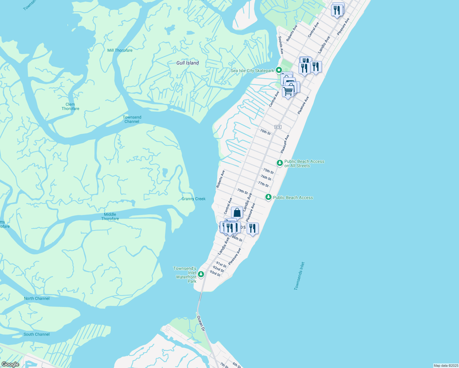 map of restaurants, bars, coffee shops, grocery stores, and more near 217 79th Street in Sea Isle City