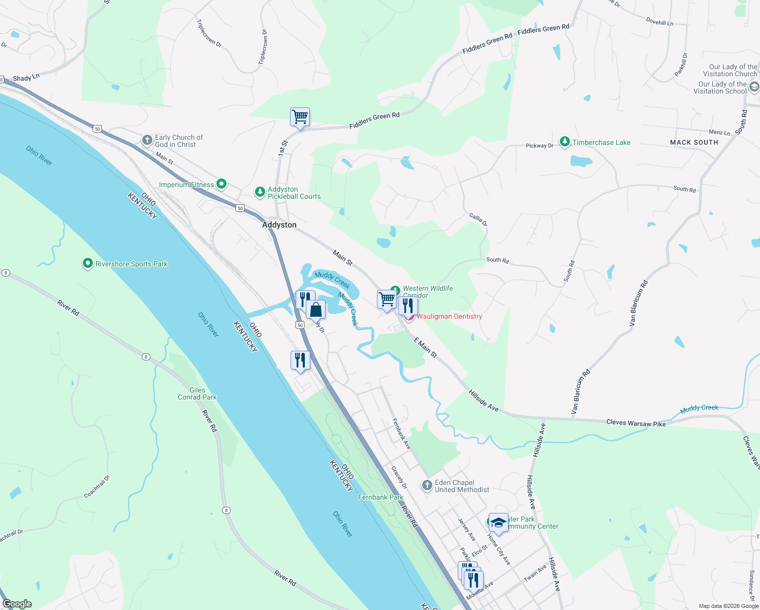 map of restaurants, bars, coffee shops, grocery stores, and more near 1 Main St in Addyston