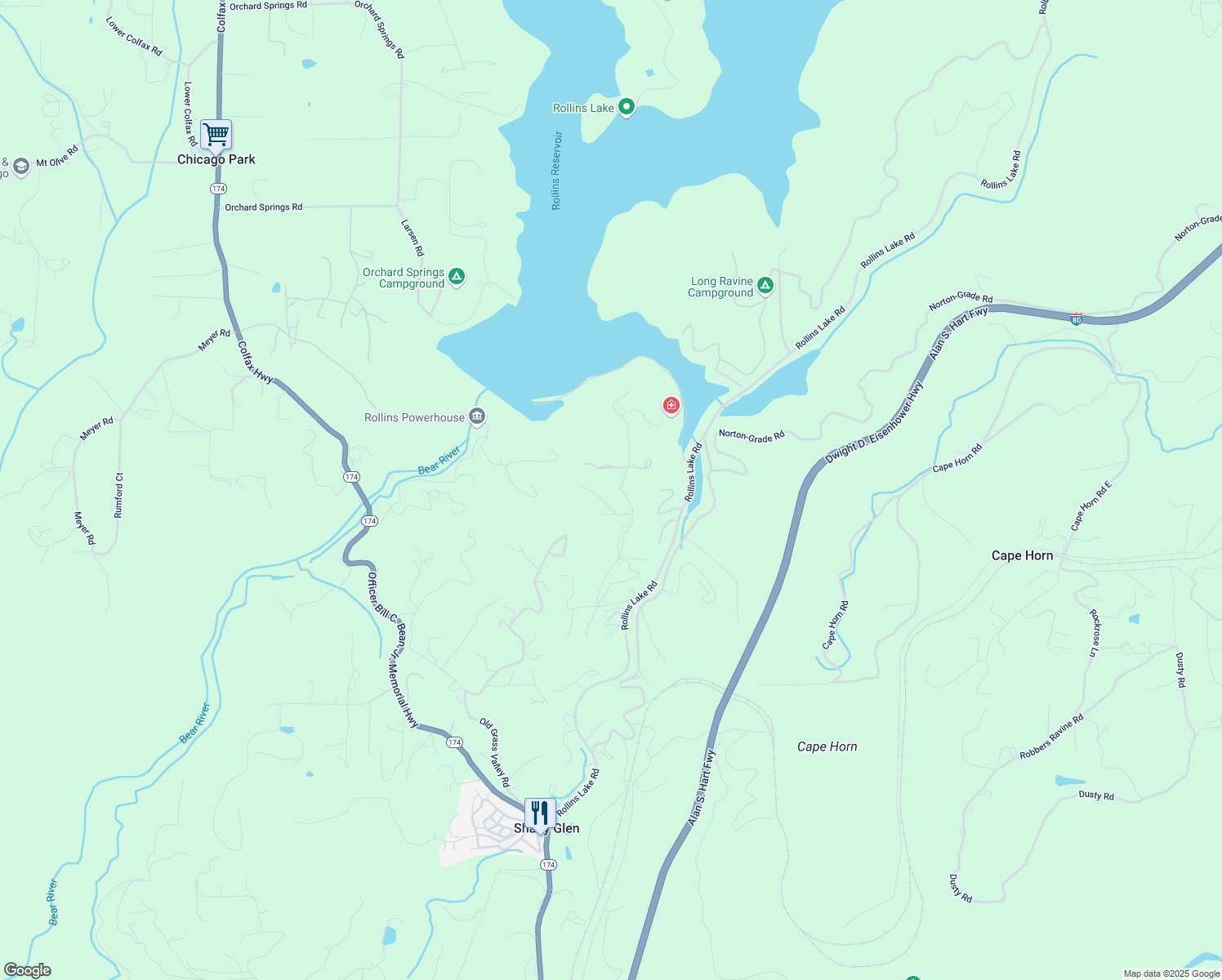 map of restaurants, bars, coffee shops, grocery stores, and more near 26485 Barb Wire Lane in Colfax