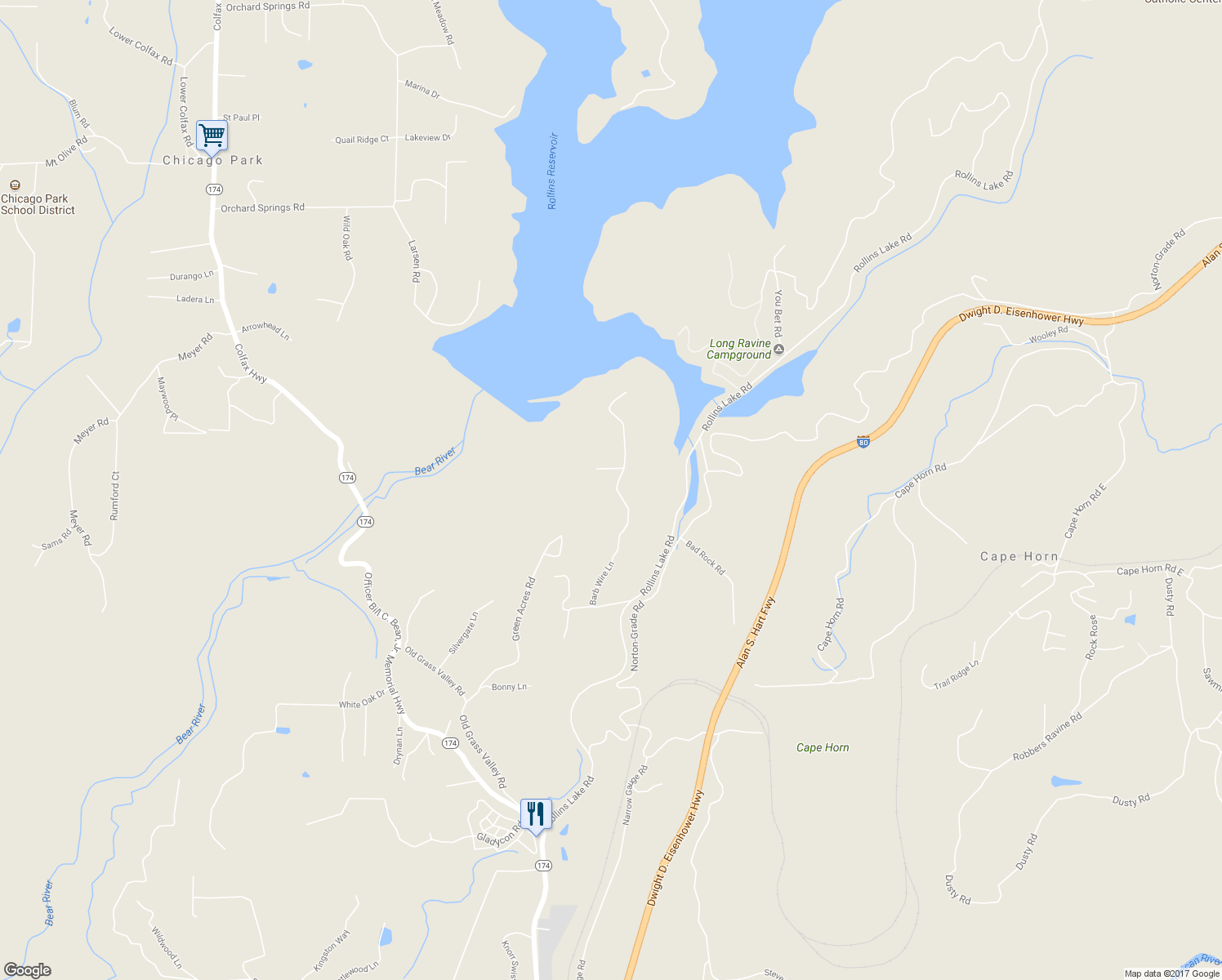 map of restaurants, bars, coffee shops, grocery stores, and more near 26485 Barb Wire Lane in Colfax