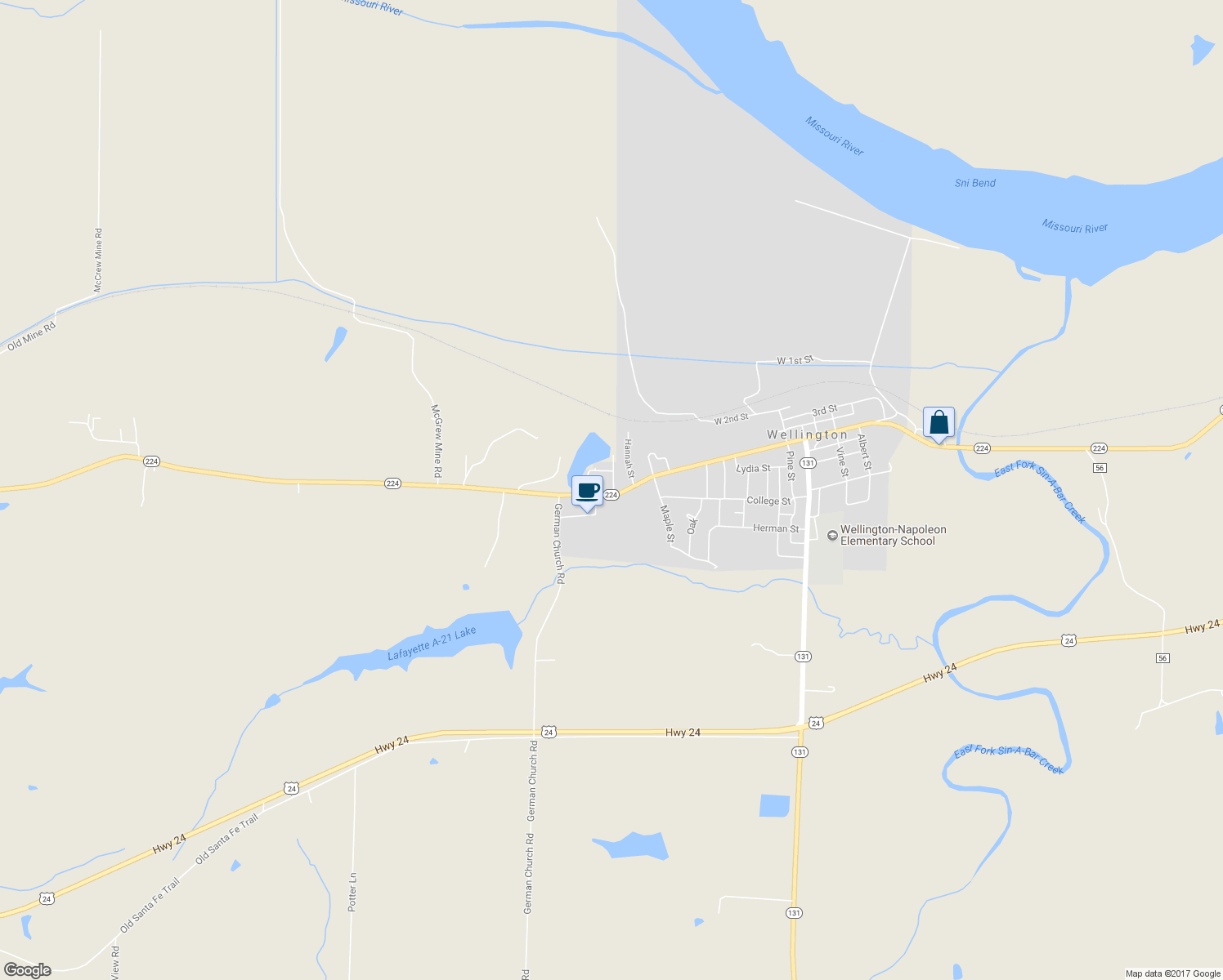 map of restaurants, bars, coffee shops, grocery stores, and more near 701 Missouri 224 in Wellington