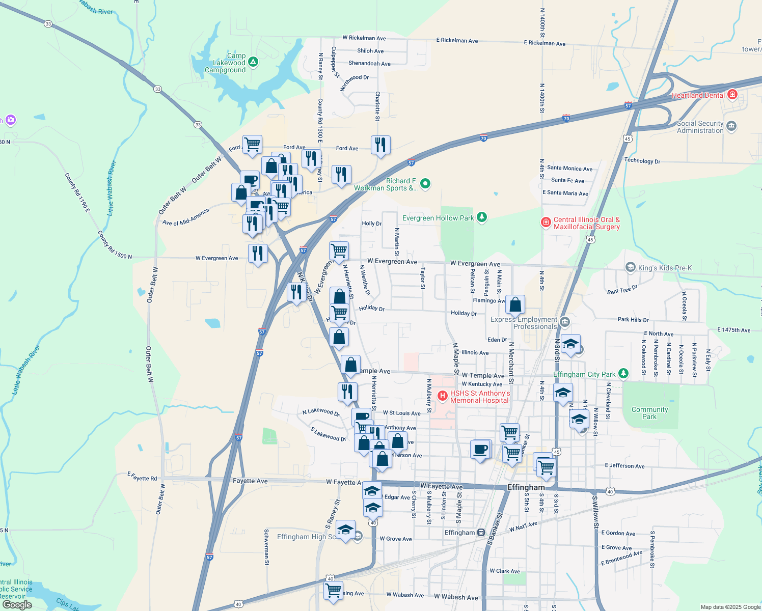 map of restaurants, bars, coffee shops, grocery stores, and more near 1104 Holiday Dr in Effingham