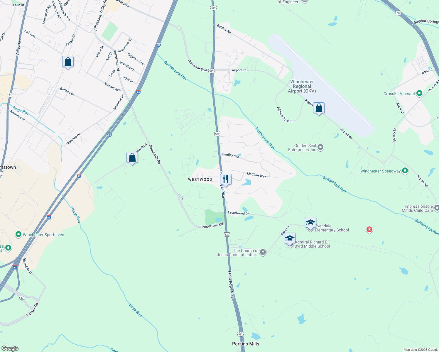 map of restaurants, bars, coffee shops, grocery stores, and more near 1124 Front Royal Pike in Winchester