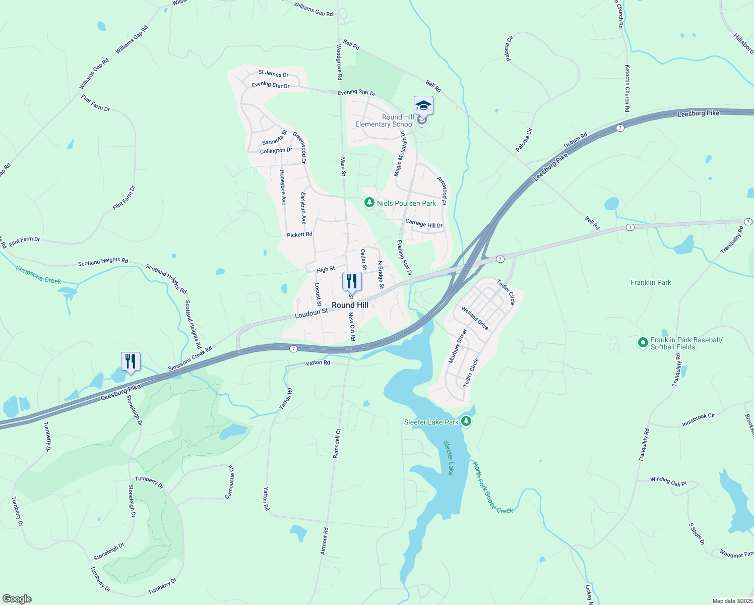 map of restaurants, bars, coffee shops, grocery stores, and more near 17 East Loudoun Street in Round Hill