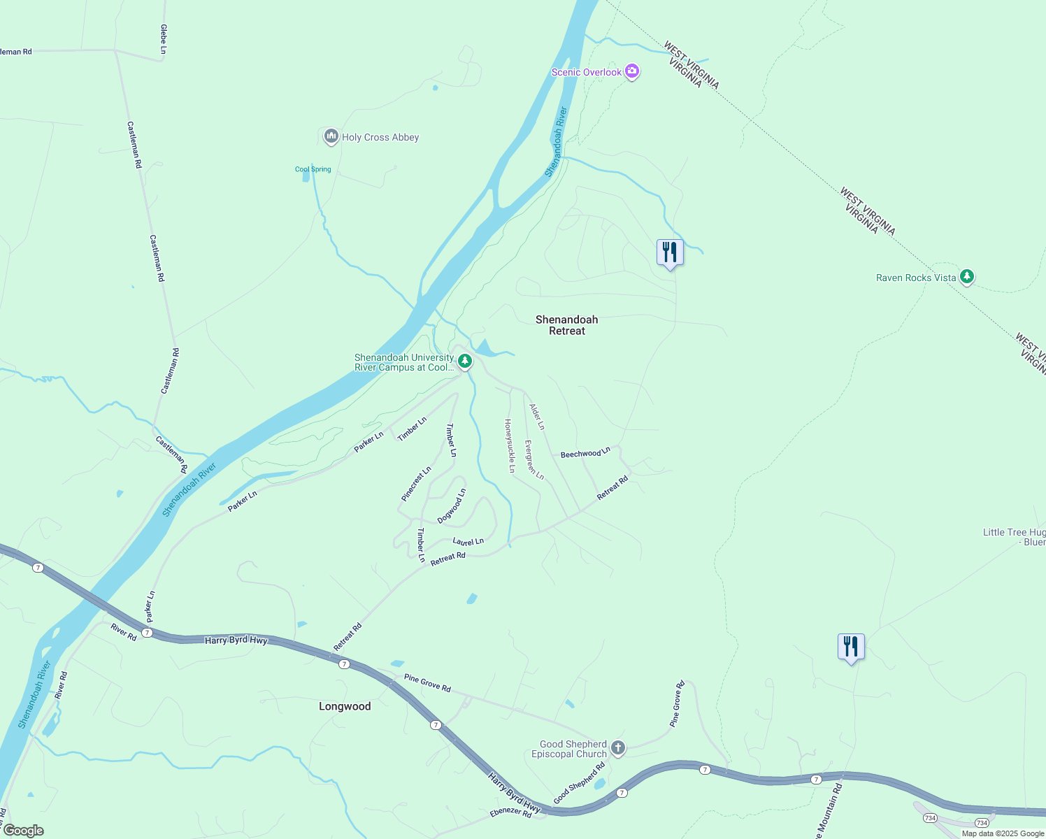 map of restaurants, bars, coffee shops, grocery stores, and more near 369 Evergreen Lane in Bluemont