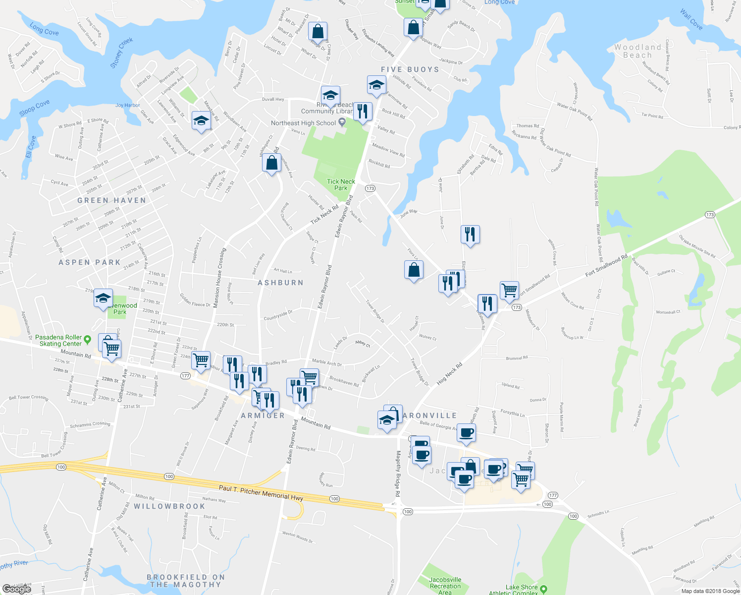 map of restaurants, bars, coffee shops, grocery stores, and more near 3604 Robin Air Court in Pasadena