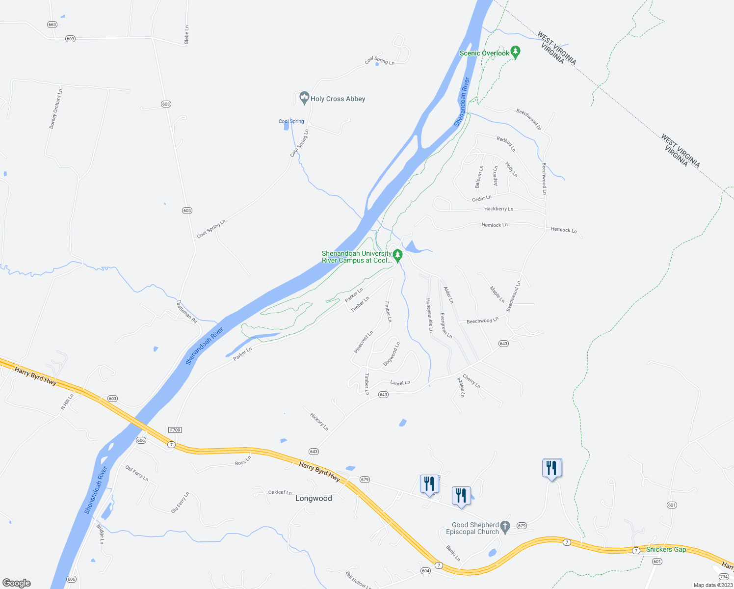 map of restaurants, bars, coffee shops, grocery stores, and more near 1077 Ginns Road in Boyce