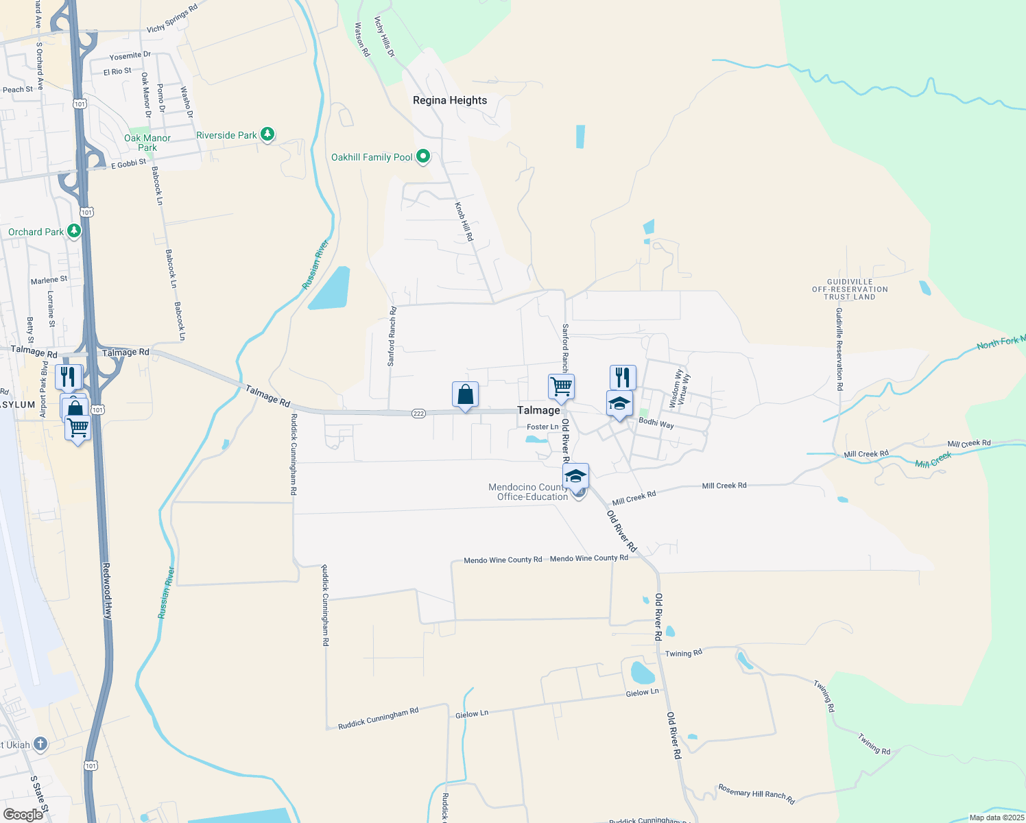 map of restaurants, bars, coffee shops, grocery stores, and more near 1804 Talmage Road in Ukiah