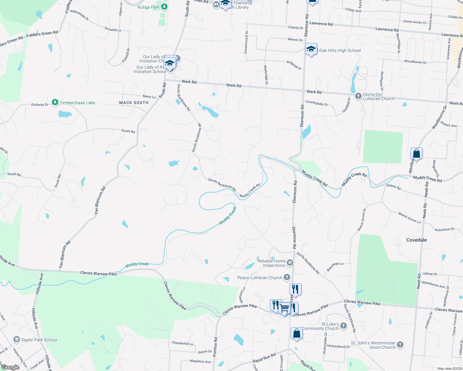 map of restaurants, bars, coffee shops, grocery stores, and more near 2240 Devils Backbone Road in Cincinnati