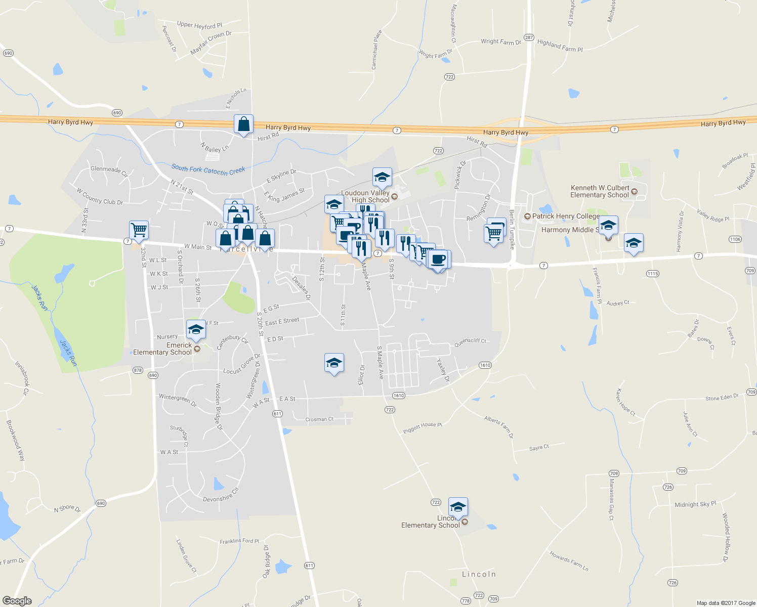 map of restaurants, bars, coffee shops, grocery stores, and more near 420 South Maple Avenue in Purcellville