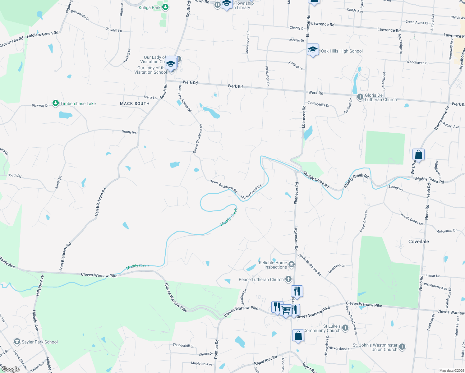map of restaurants, bars, coffee shops, grocery stores, and more near 2240 Devils Backbone Road in Cincinnati
