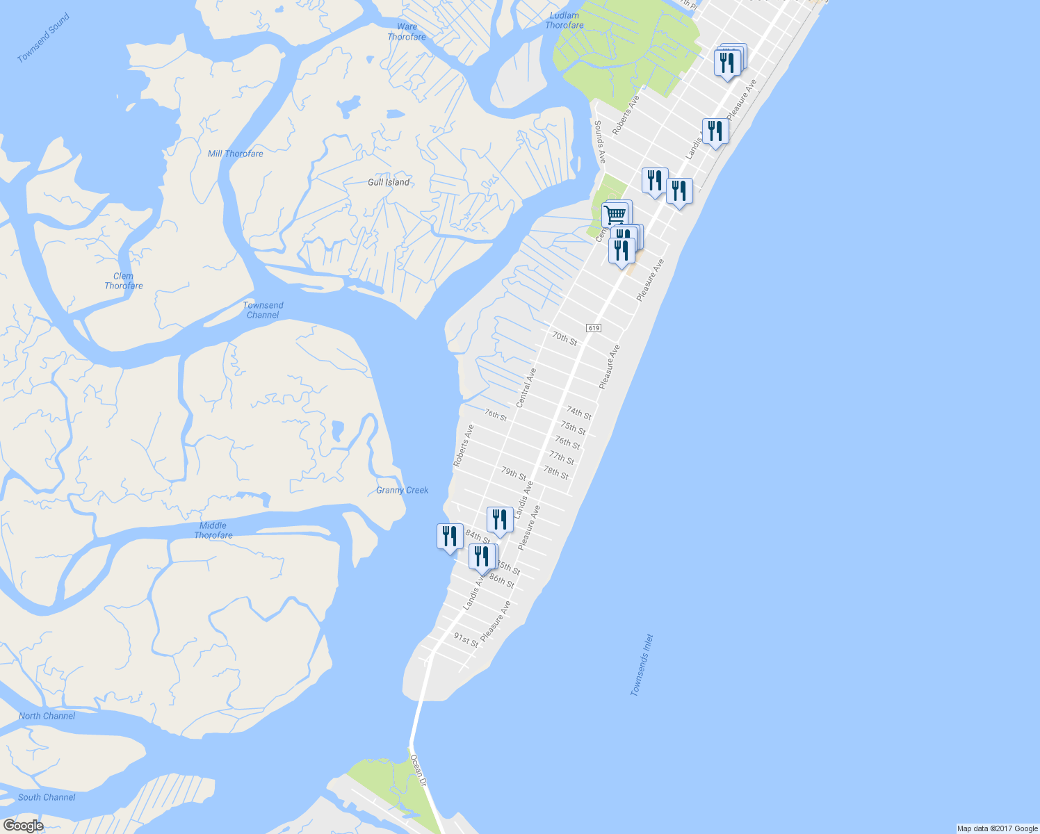 map of restaurants, bars, coffee shops, grocery stores, and more near 7509 Central Avenue in Sea Isle City