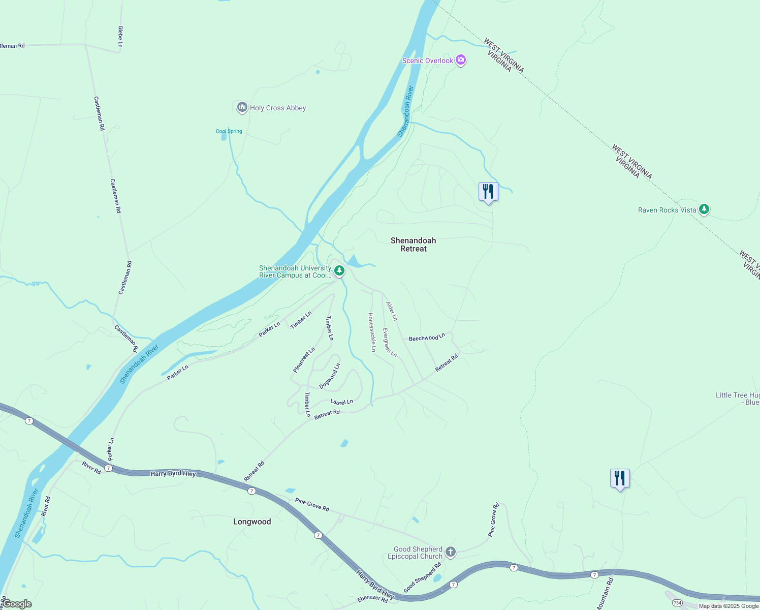 map of restaurants, bars, coffee shops, grocery stores, and more near 407 Evergreen Lane in Bluemont