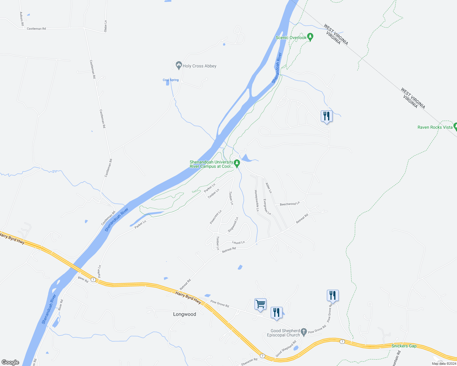map of restaurants, bars, coffee shops, grocery stores, and more near 77 Balsam Lane in Bluemont