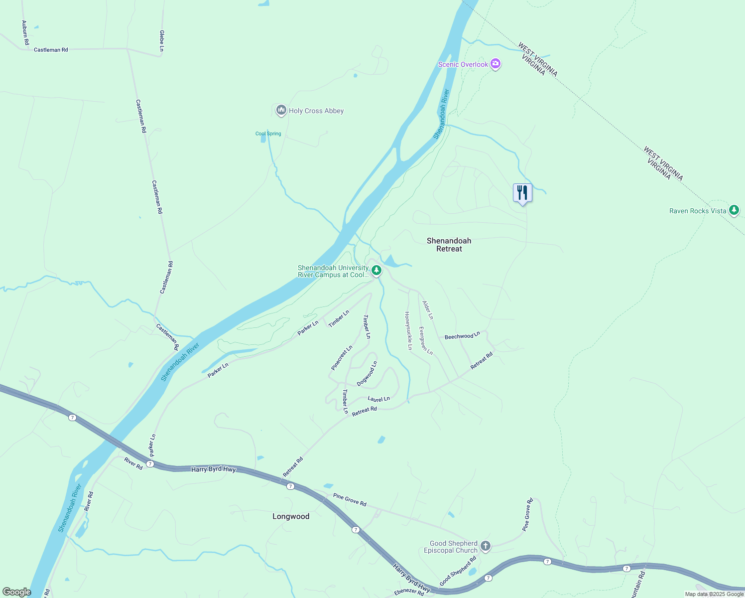 map of restaurants, bars, coffee shops, grocery stores, and more near 500 Cedar Lane in Bluemont