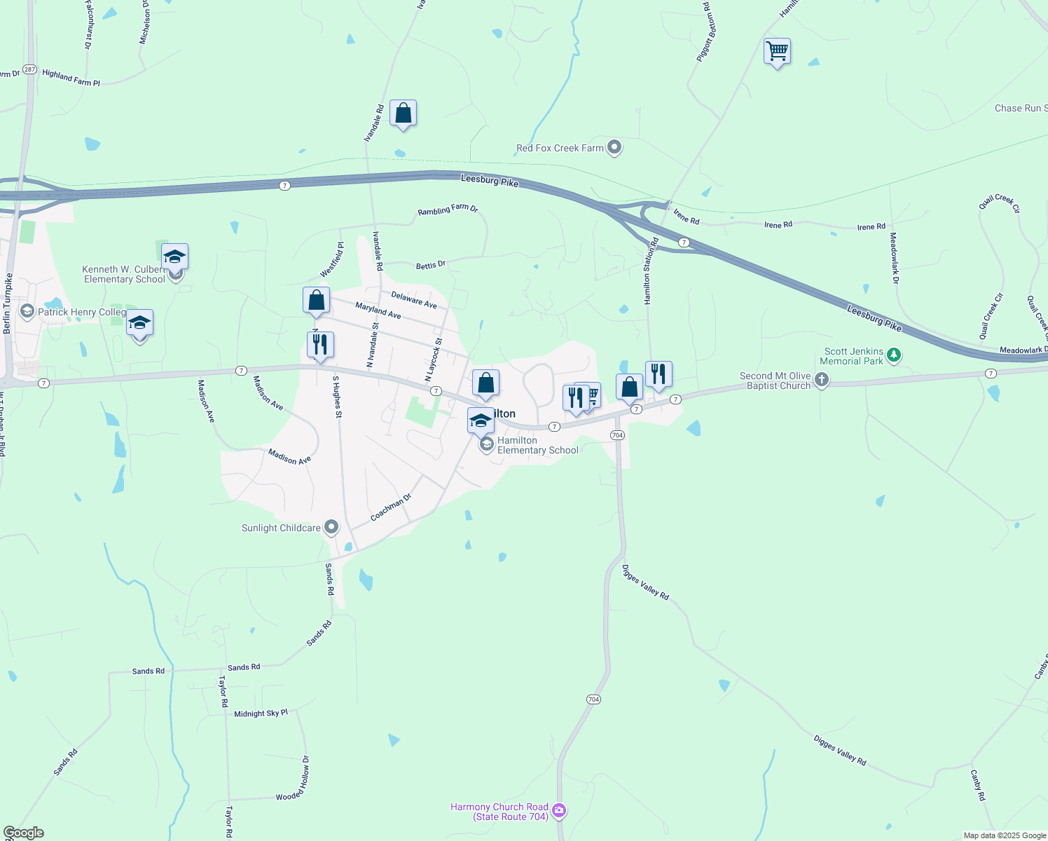 map of restaurants, bars, coffee shops, grocery stores, and more near 155 East Colonial Highway in Hamilton